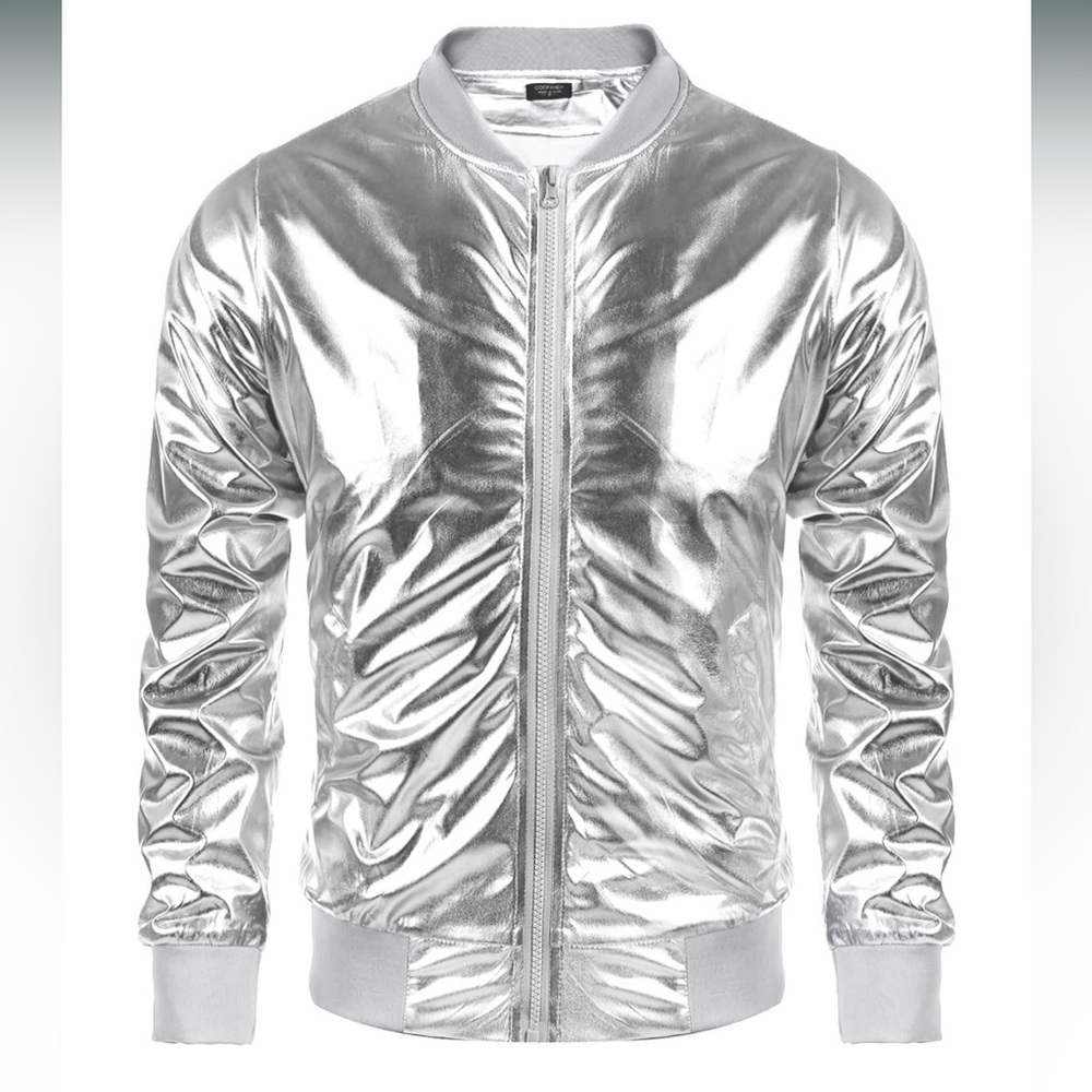 COOFANDY Men's Metallic Jacket 70s Disco Christmas Party Varsity Zip-up XL